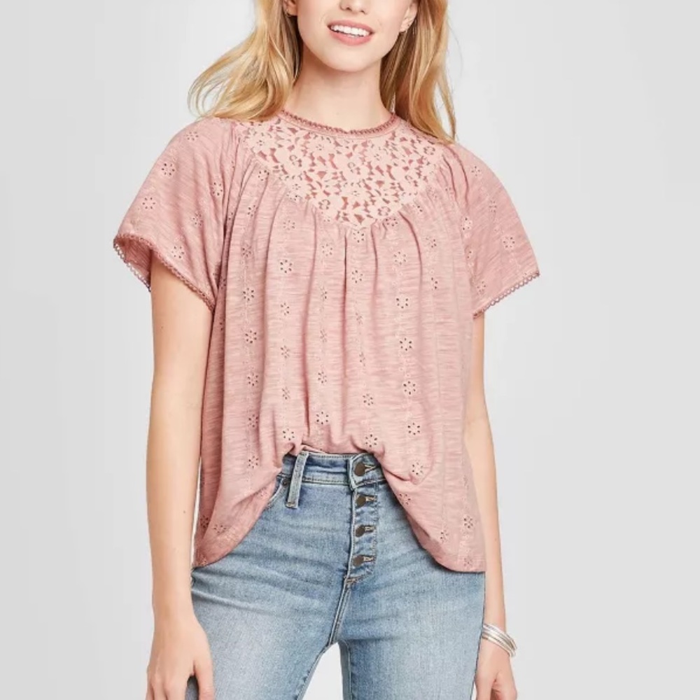 Knox Rose Burnout Lace Short Sleeve Blouse Medium